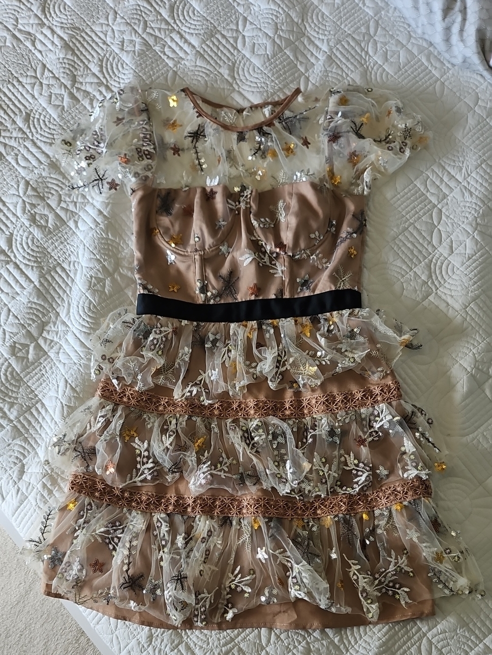 Self-Portrait Dress - Size 0 Taupe and Ivory Embroidered Ruffle Dress